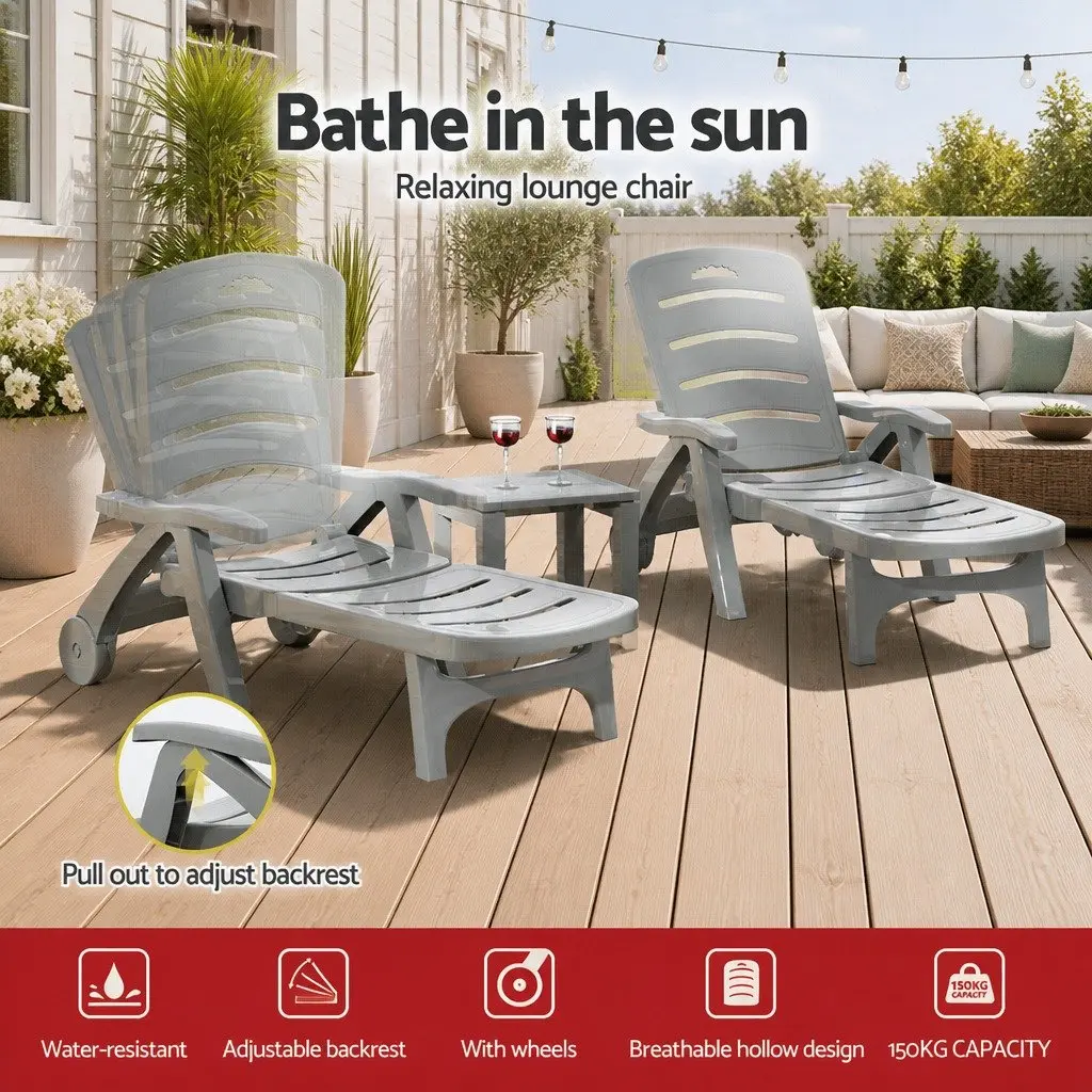 Sun Lounger Grey Folding Lounge Chair with Wheels Adjustable Backrest Outdoor Furniture