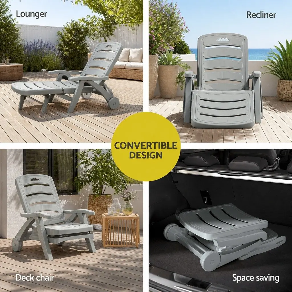 Sun Lounger Grey Folding Lounge Chair with Wheels Adjustable Backrest Outdoor Furniture