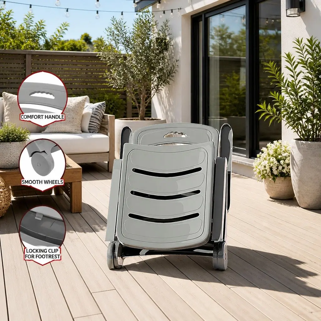 Sun Lounger Grey Folding Lounge Chair with Wheels Adjustable Backrest Outdoor Furniture