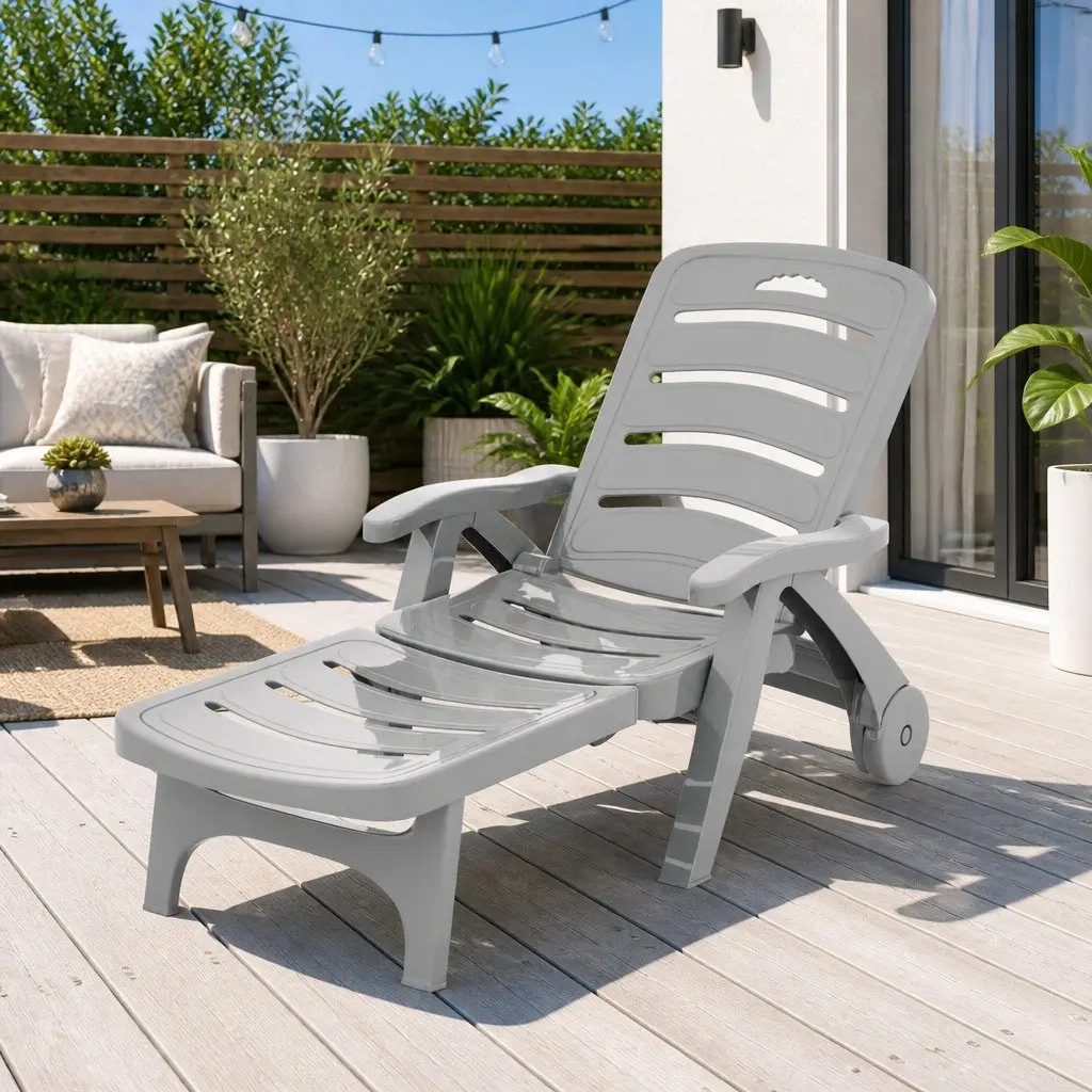Sun Lounger Grey Folding Lounge Chair with Wheels Adjustable Backrest Outdoor Furniture