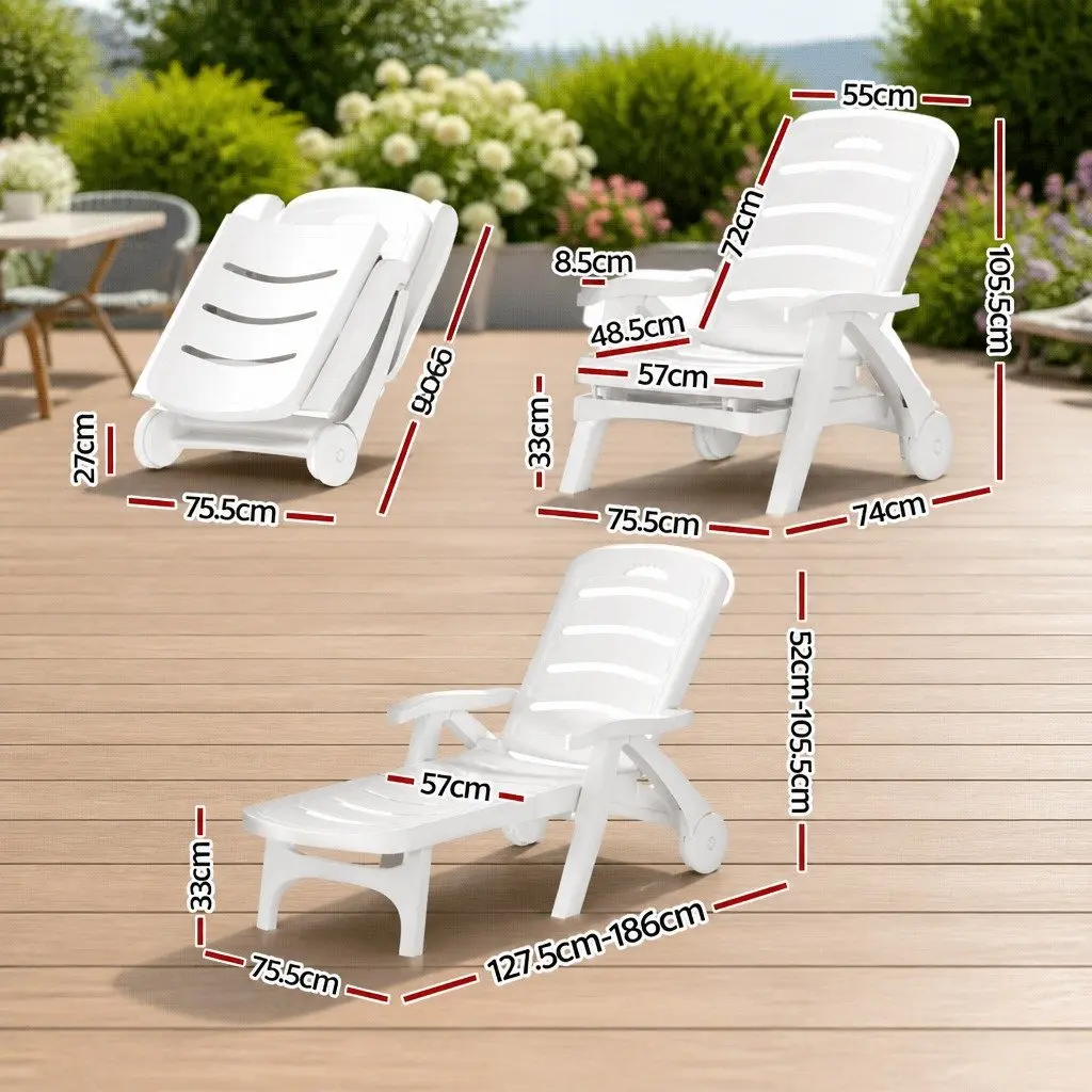 Sun Lounger White Folding Chaise Chair with Wheels Adjustable Backrest
