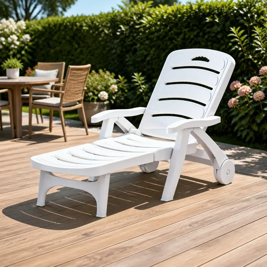 Sun Lounger White Folding Chaise Chair with Wheels Adjustable Backrest