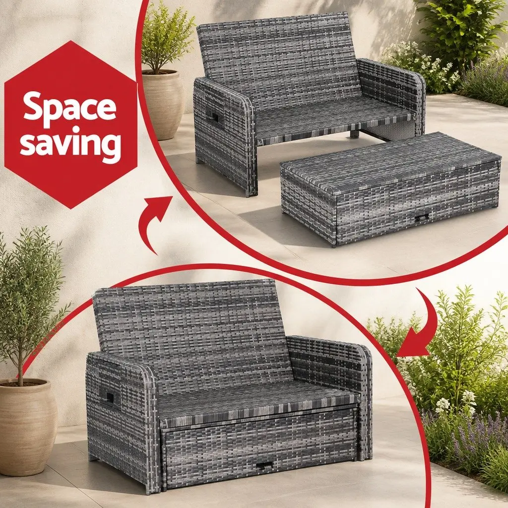 Outdoor Day Bed Grey Adjustable Backrest Wicker Rattan Patio Furniture