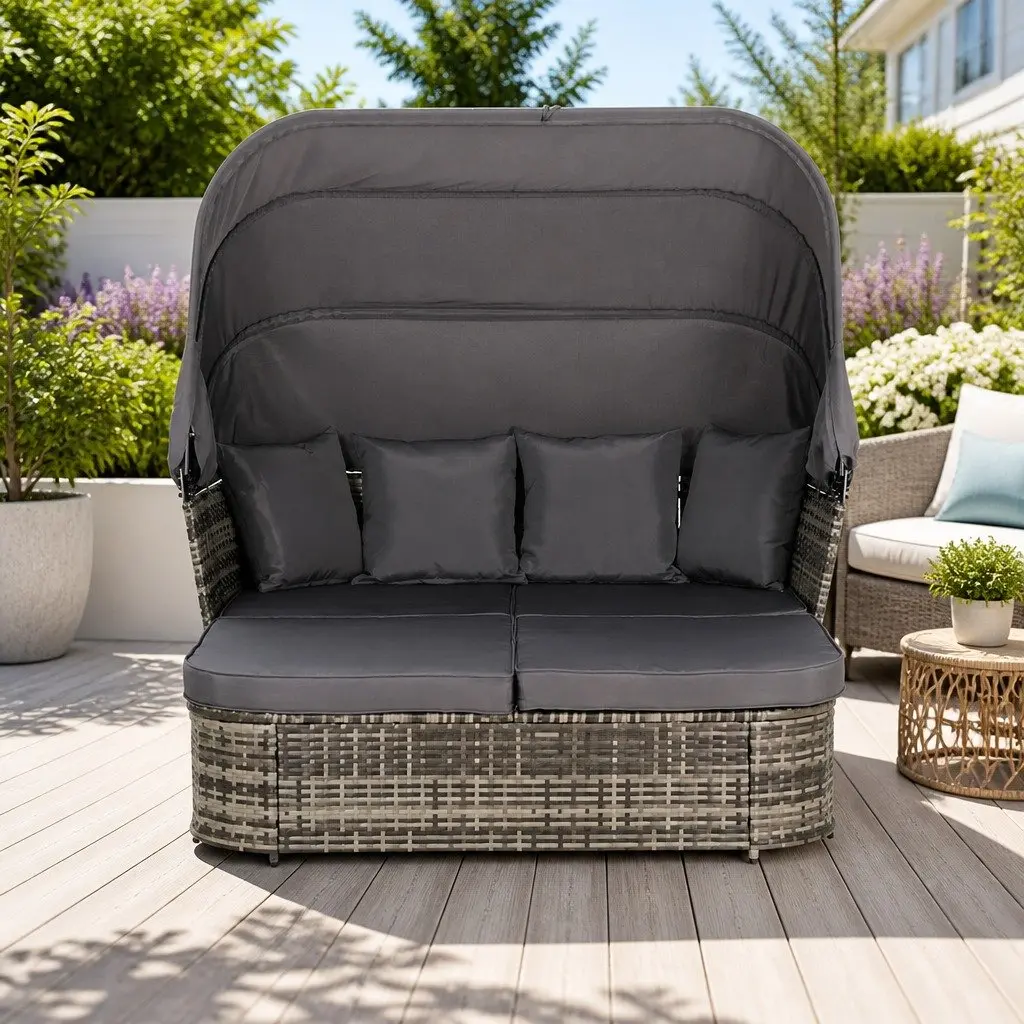 Outdoor Day Bed Lounge Setting Grey Wicker Sofa Patio Furniture Modular Garden