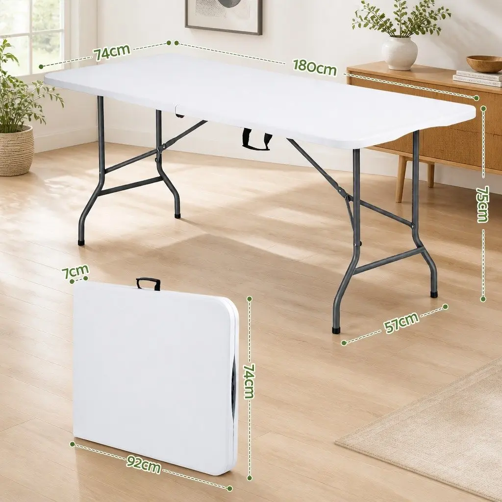 Folding Table White 180cm Portable Fold-in-Half Carry Handle