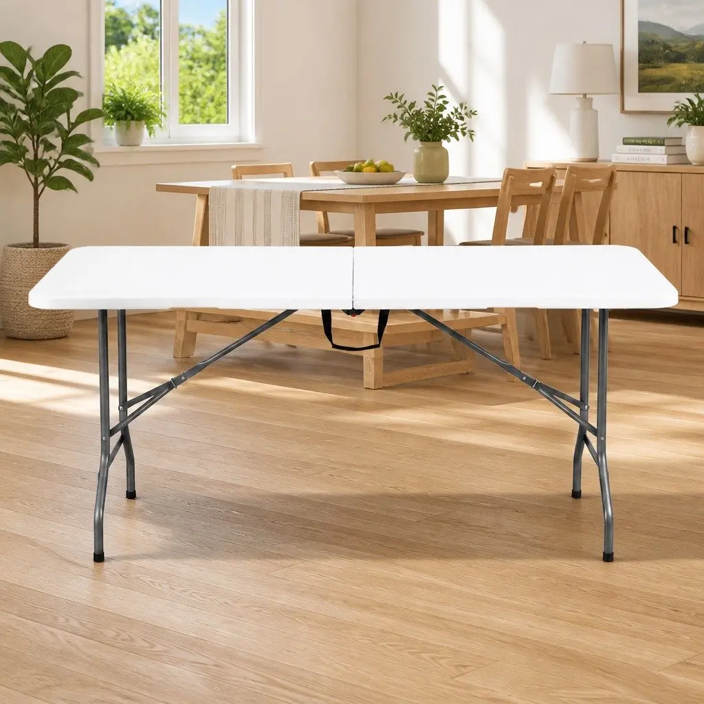 Folding Table White 180cm Portable Fold-in-Half Carry Handle
