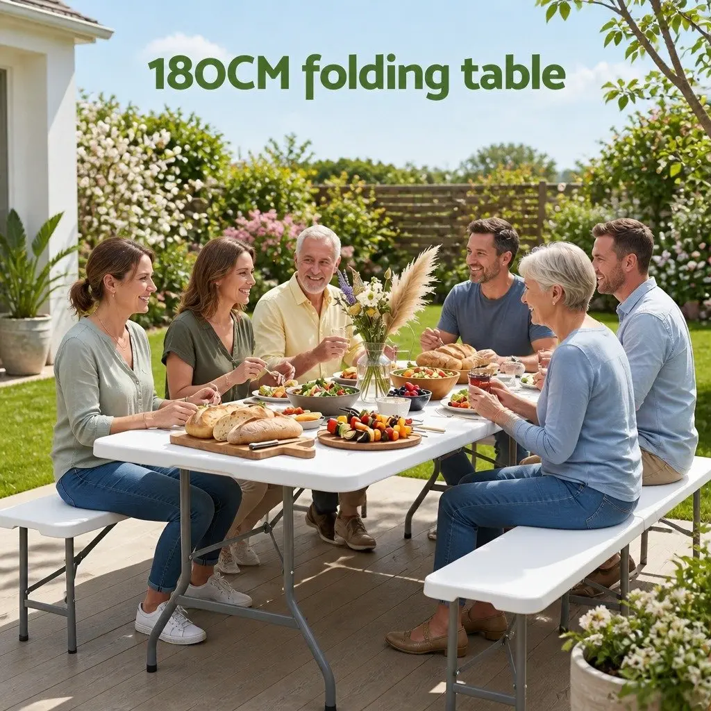 Folding Table White 180cm Portable Fold-in-Half Carry Handle