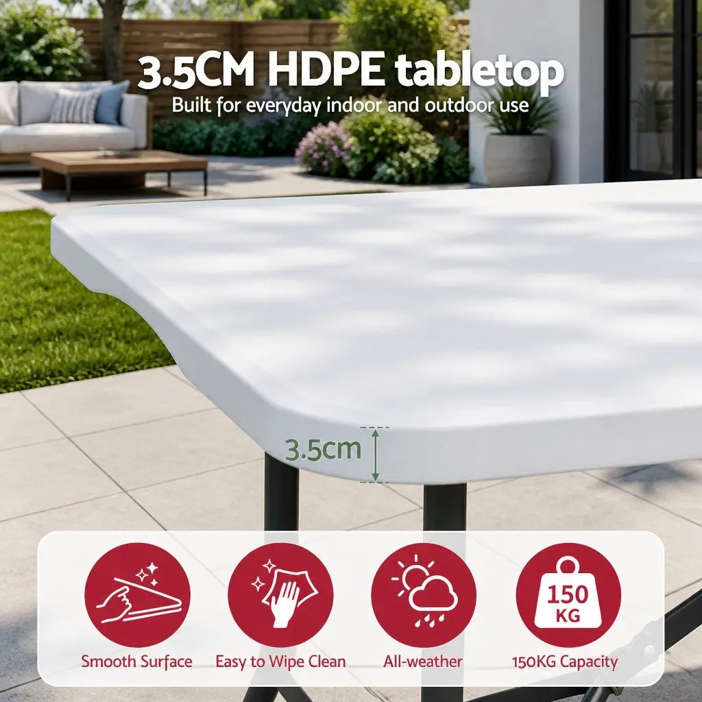 Folding Table White 180cm Portable Fold-in-Half Carry Handle