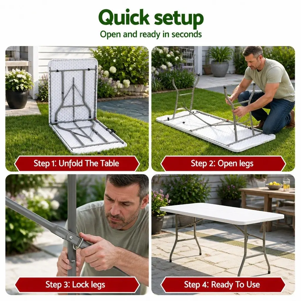 Folding Table White 180cm Portable Fold-in-Half Carry Handle