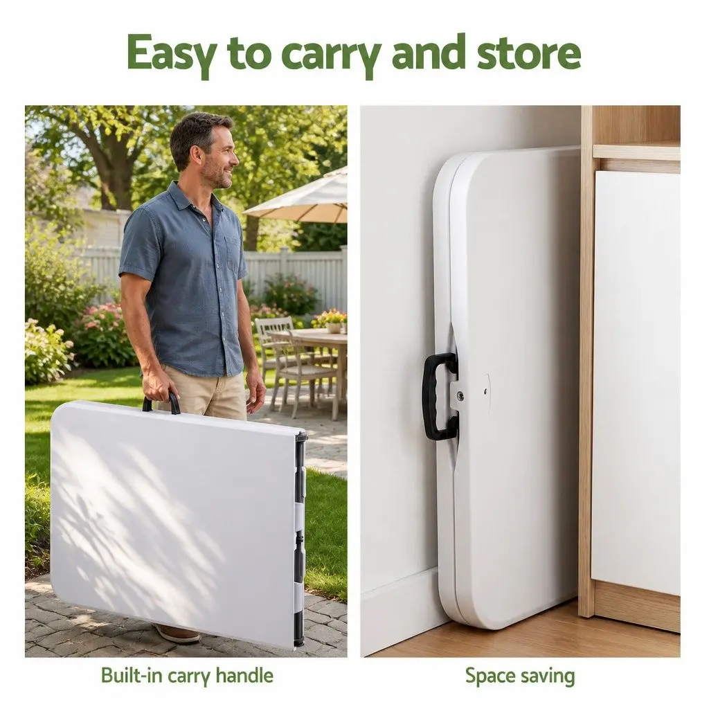 Folding Table White 180cm Portable Fold-in-Half Carry Handle