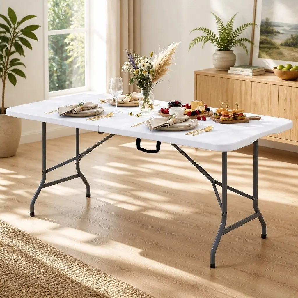Folding Table White 180cm Portable Fold-in-Half Carry Handle