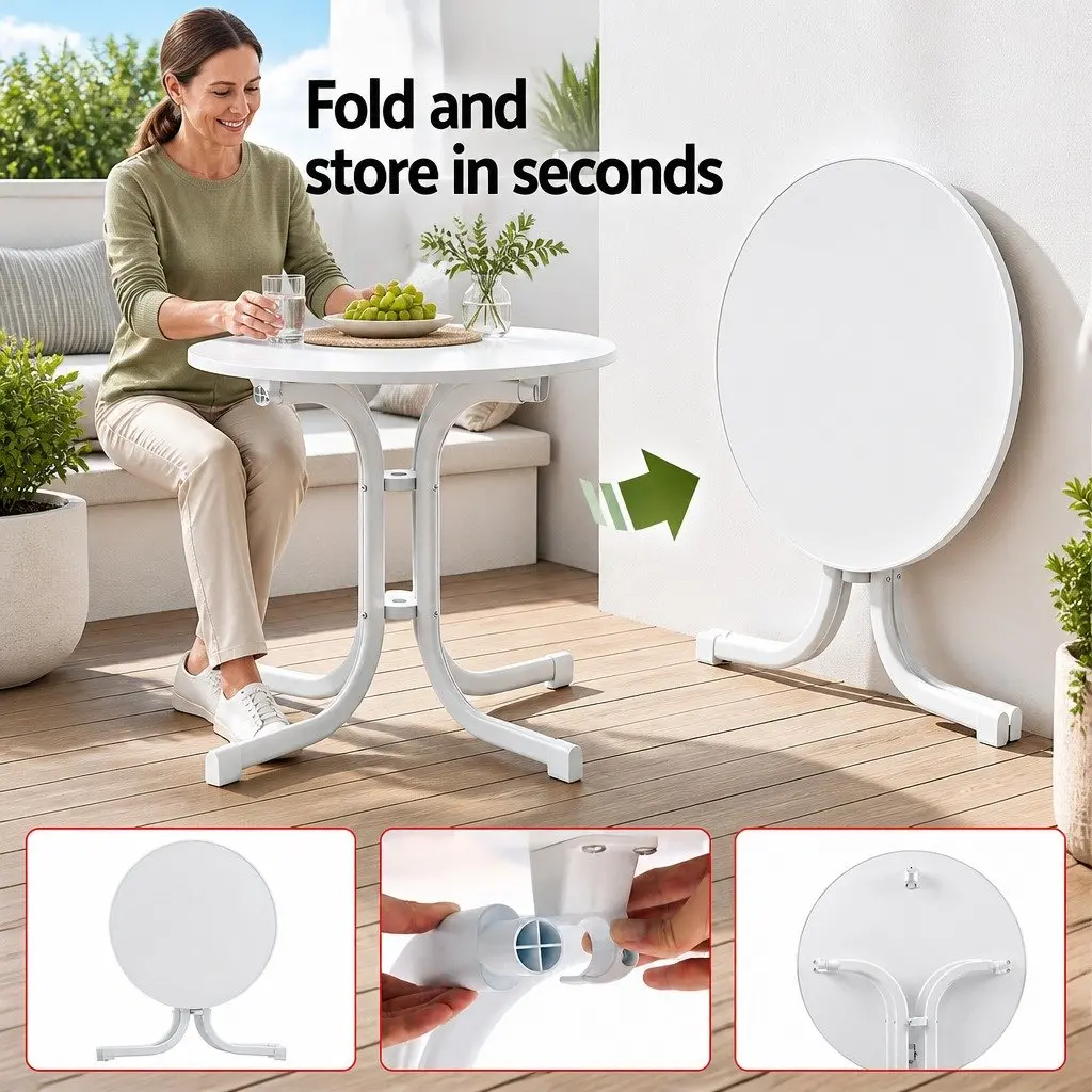 Round Folding Bistro Table 80cm Outdoor Patio Cafe Dining Desk White Portable