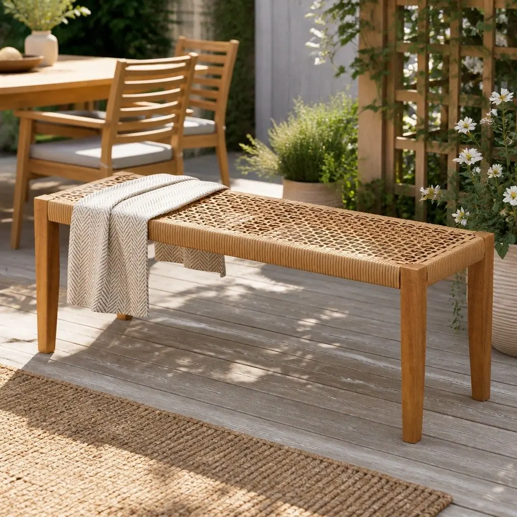 2-Seater Outdoor Garden Bench Natural Wood Weather-Resistant PE Wicker Seat