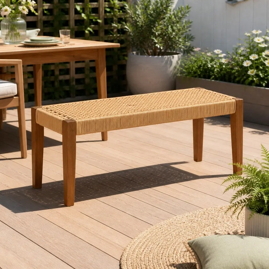2-Seater Outdoor Garden Bench Natural Wood Weather-Resistant PE Wicker Seat