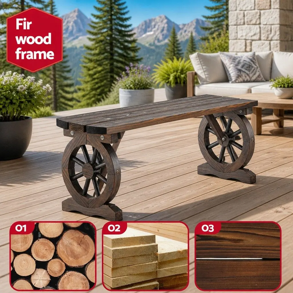 Outdoor Garden Bench Seat Rustic Wagon Wheels Design Patio Furniture 2-Seater