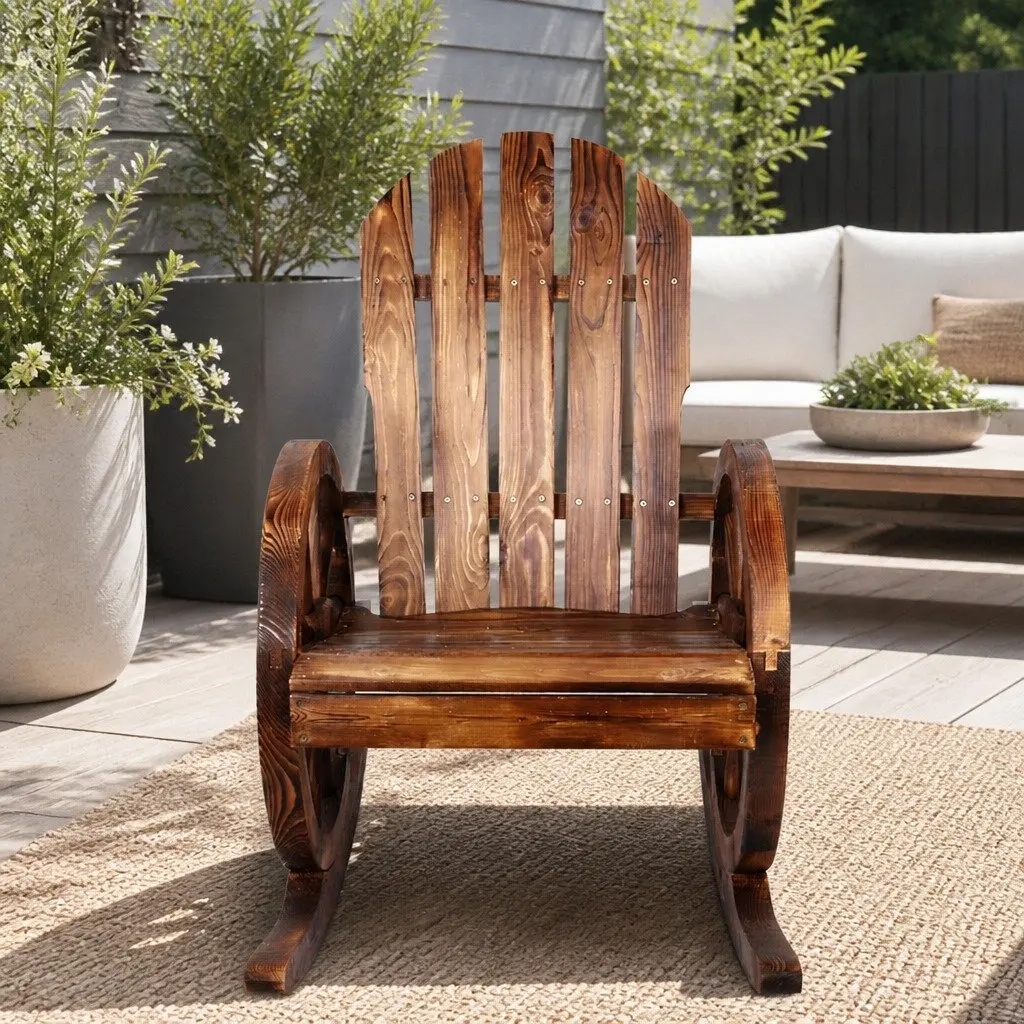Wagon Wheels Rocking Chair Brown Outdoor Garden Furniture Rustic Wooden Rocker