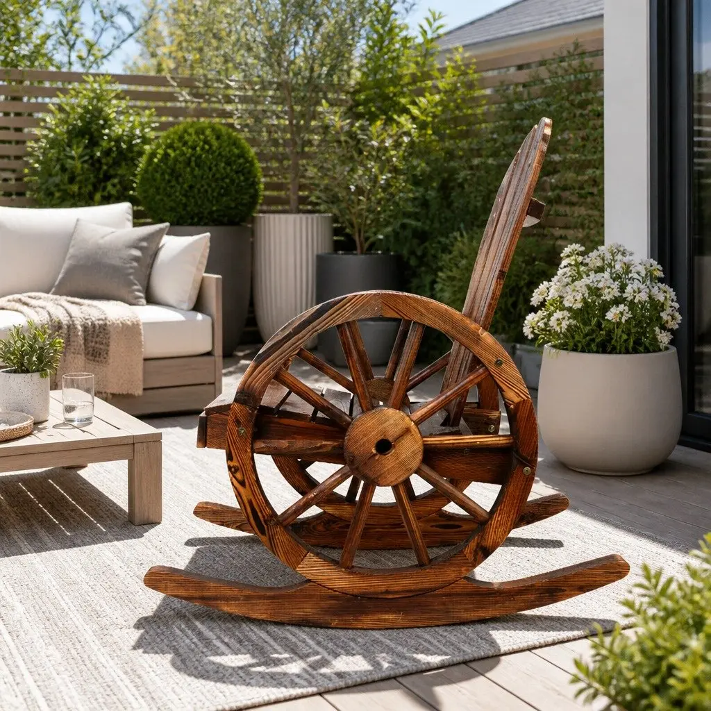 Wagon Wheels Rocking Chair Brown Outdoor Garden Furniture Rustic Wooden Rocker