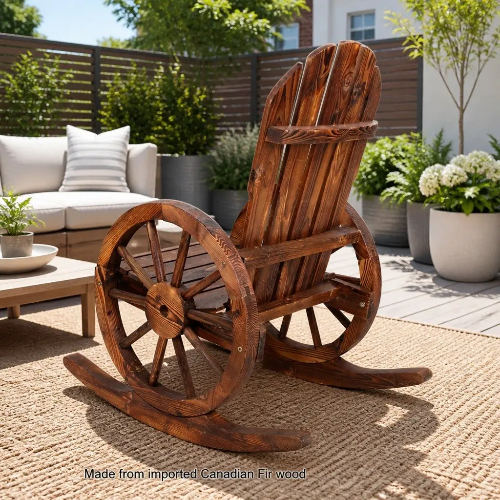 Wagon Wheels Rocking Chair Brown Outdoor Garden Furniture Rustic Wooden Rocker