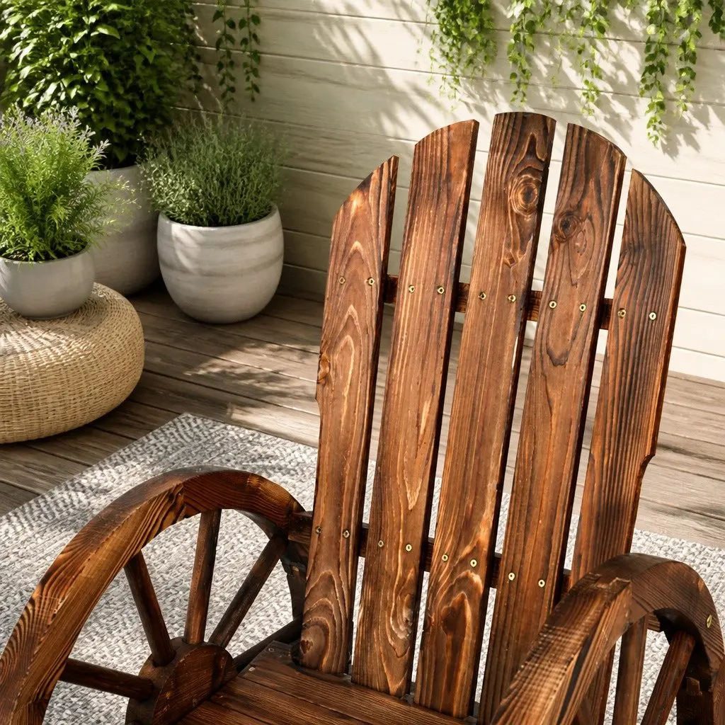 Wagon Wheels Rocking Chair Brown Outdoor Garden Furniture Rustic Wooden Rocker