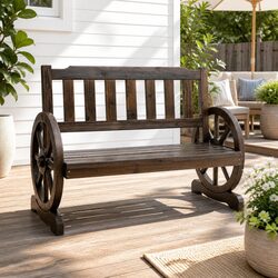 Compact Wooden 2-Seater Garden Bench with Wagon-Wheel Design