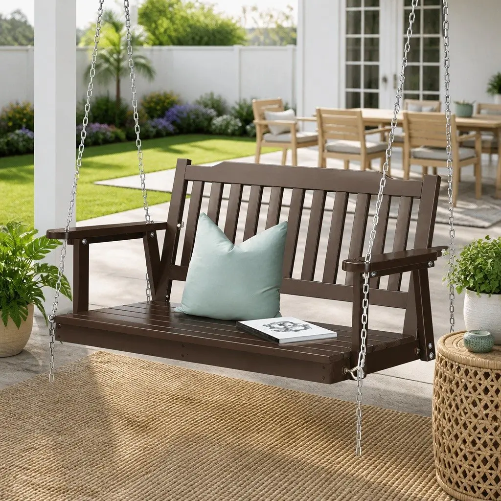 Outdoor Swing Chair Brown Two Seat Wooden Porch Bench Heavy Duty Metal Chains