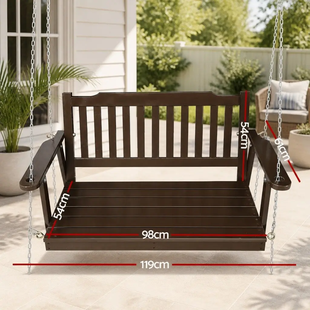 Outdoor Swing Chair Brown Two Seat Wooden Porch Bench Heavy Duty Metal Chains