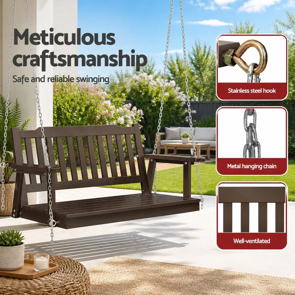 Outdoor Swing Chair Brown Two Seat Wooden Porch Bench Heavy Duty Metal Chains