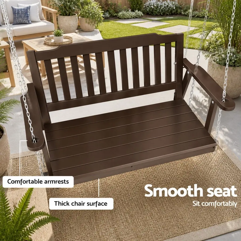 Outdoor Swing Chair Brown Two Seat Wooden Porch Bench Heavy Duty Metal Chains
