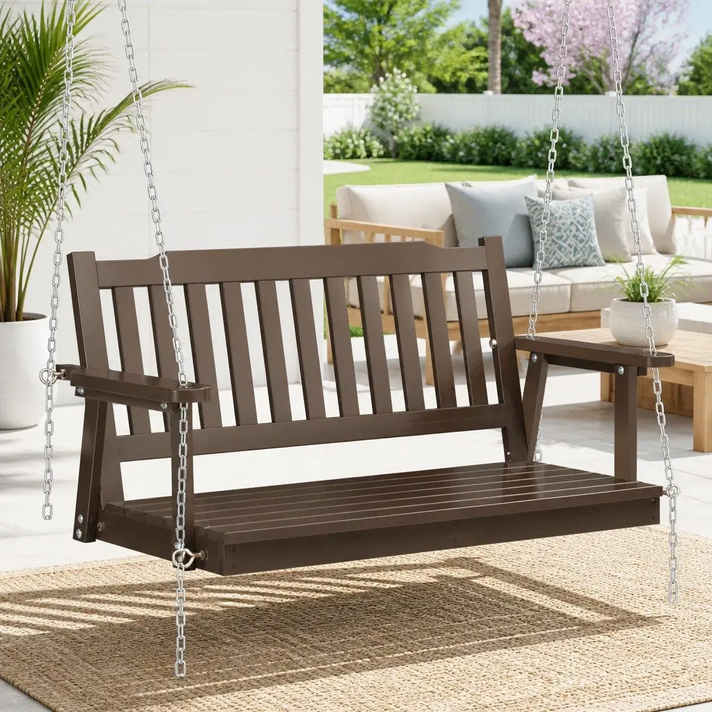 Outdoor Swing Chair Brown Two Seat Wooden Porch Bench Heavy Duty Metal Chains