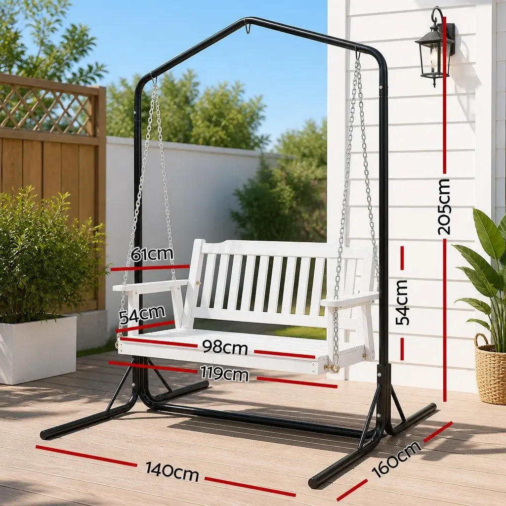 2-Seater Outdoor Swing Chair Wooden Bench with Metal Stand Garden Hanging Seat
