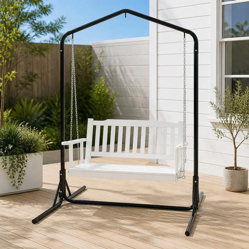 2-Seater Outdoor Swing Chair Wooden Bench with Metal Stand Garden Hanging Seat