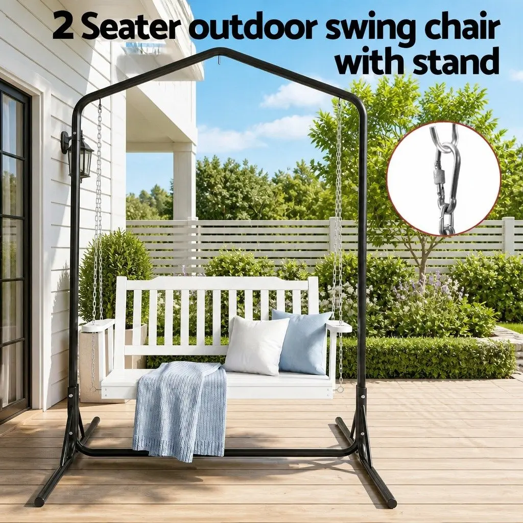 2-Seater Outdoor Swing Chair Wooden Bench with Metal Stand Garden Hanging Seat