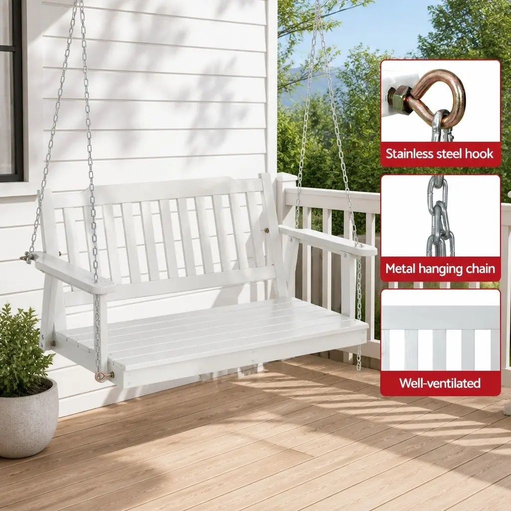 2-Seater Outdoor Swing Chair Wooden Bench with Metal Stand Garden Hanging Seat