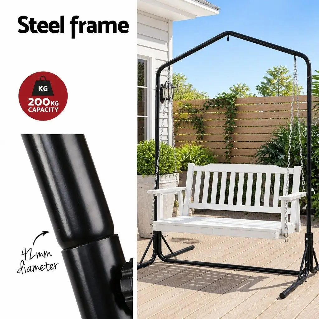 2-Seater Outdoor Swing Chair Wooden Bench with Metal Stand Garden Hanging Seat