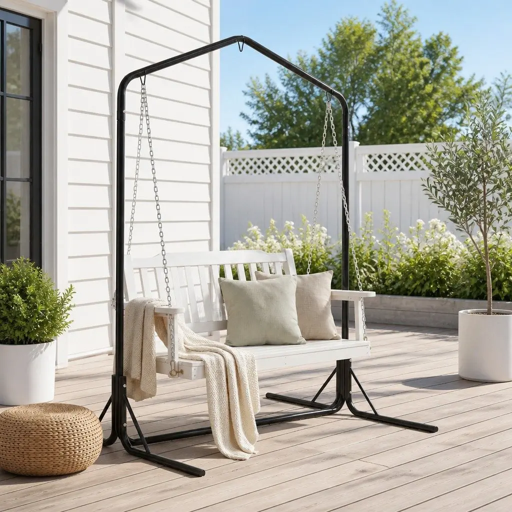 2-Seater Outdoor Swing Chair Wooden Bench with Metal Stand Garden Hanging Seat