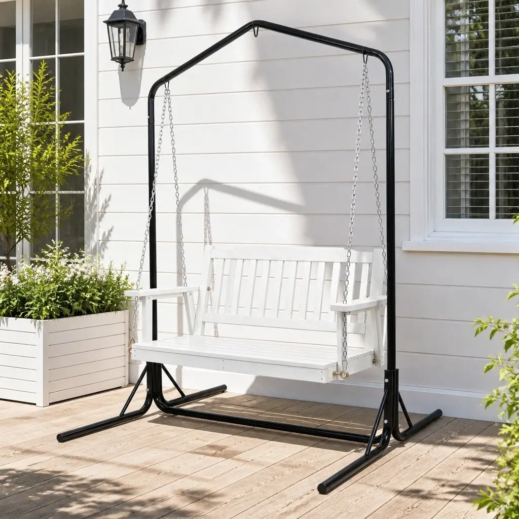 2-Seater Outdoor Swing Chair Wooden Bench with Metal Stand Garden Hanging Seat