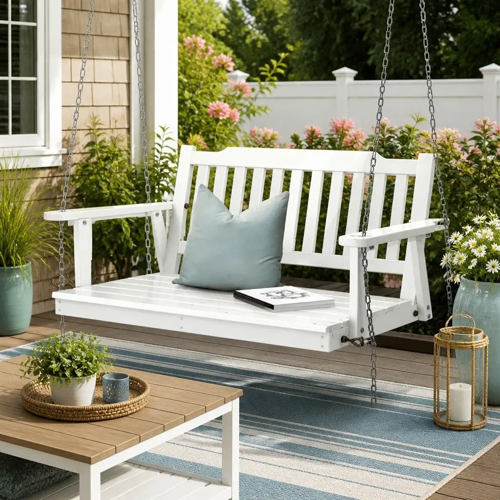 Wooden Porch Swing Chair White 2-Seater Outdoor Garden Furniture