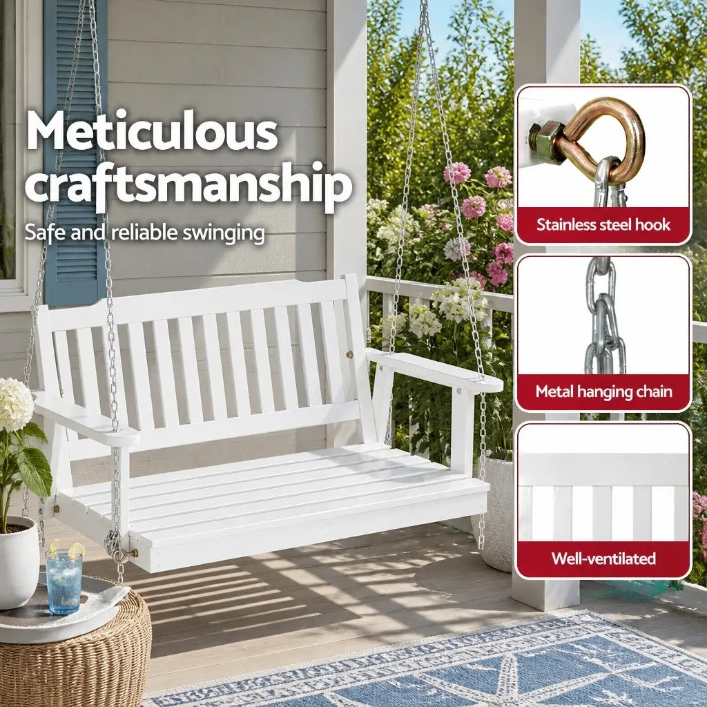 Wooden Porch Swing Chair White 2-Seater Outdoor Garden Furniture