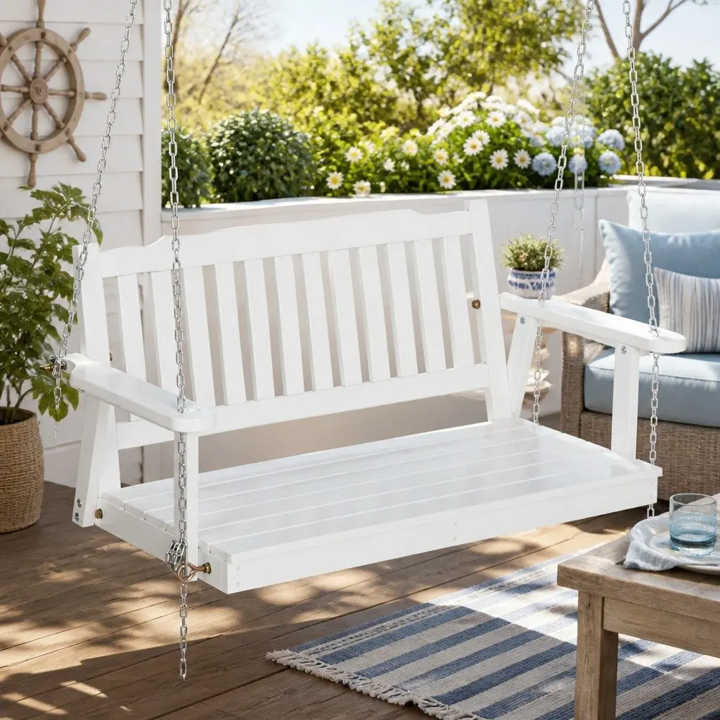 Wooden Porch Swing Chair White 2-Seater Outdoor Garden Furniture