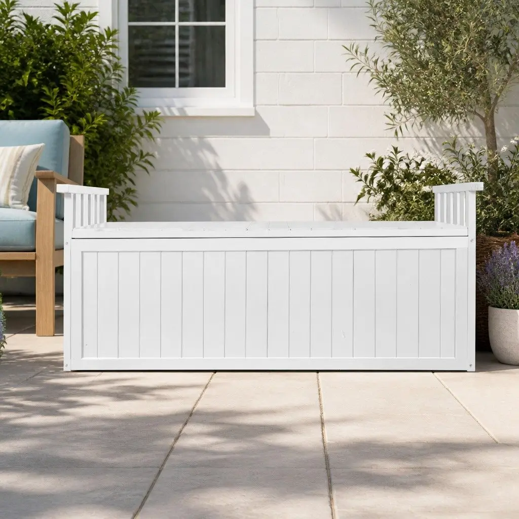 Outdoor Storage Bench Box 129cm Wooden Garden Toy Chest Patio Furniture White XL