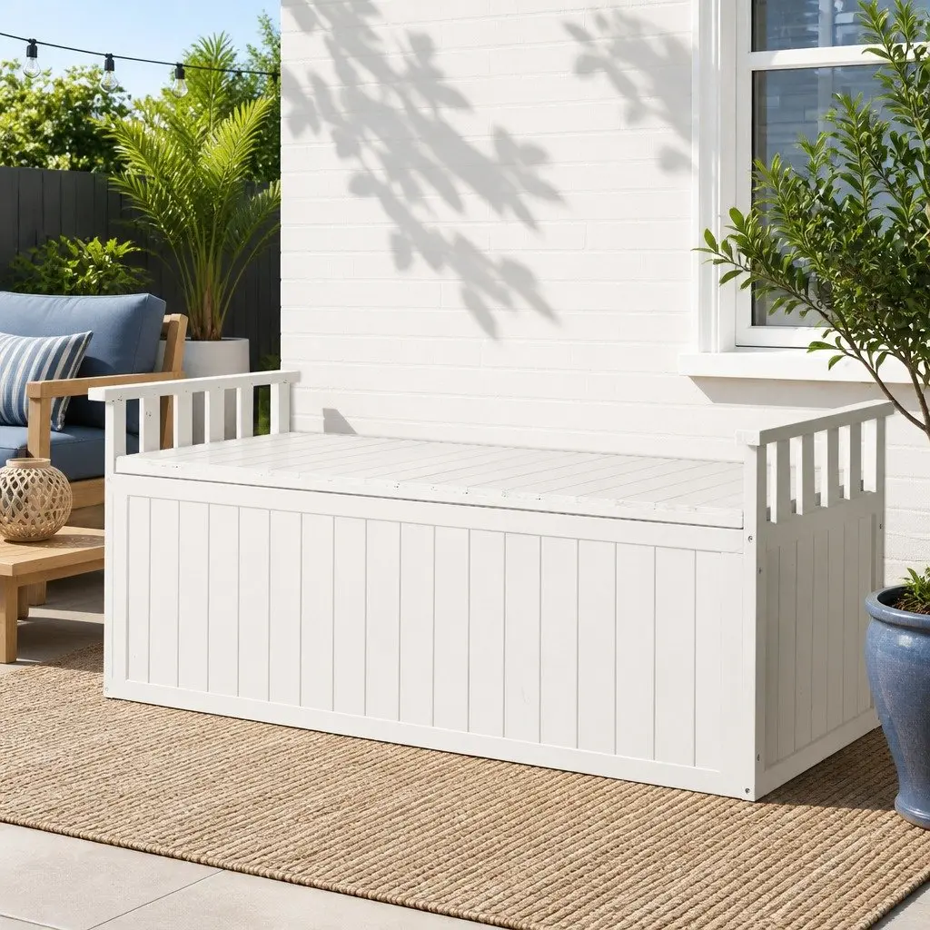 Outdoor Storage Bench Box 129cm Wooden Garden Toy Chest Patio Furniture White XL