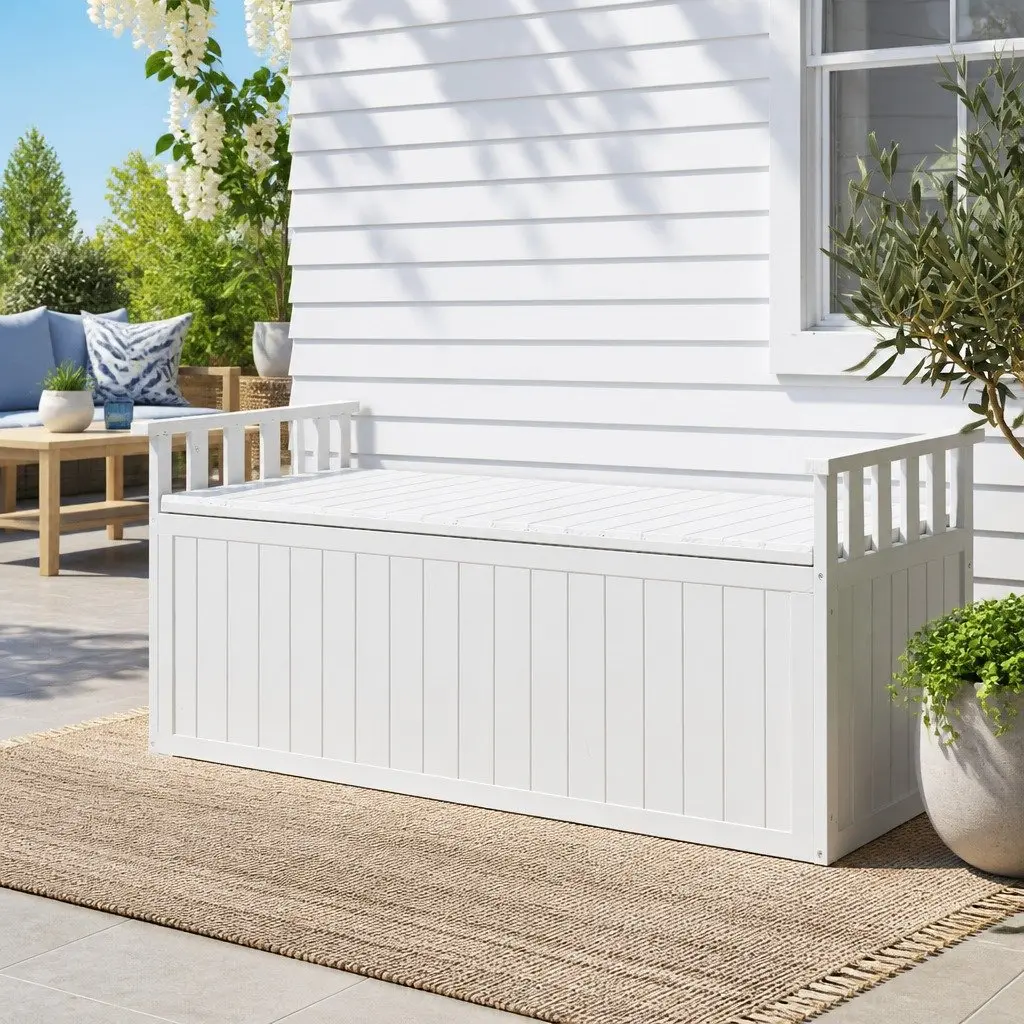 Outdoor Storage Bench Box 129cm Wooden Garden Toy Chest Patio Furniture White XL