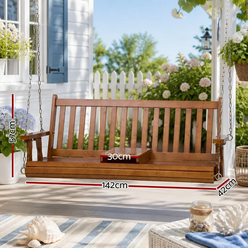 Outdoor Swing Chair Teak 2 Seat Cup Holder Heavy-Duty Metal Chains