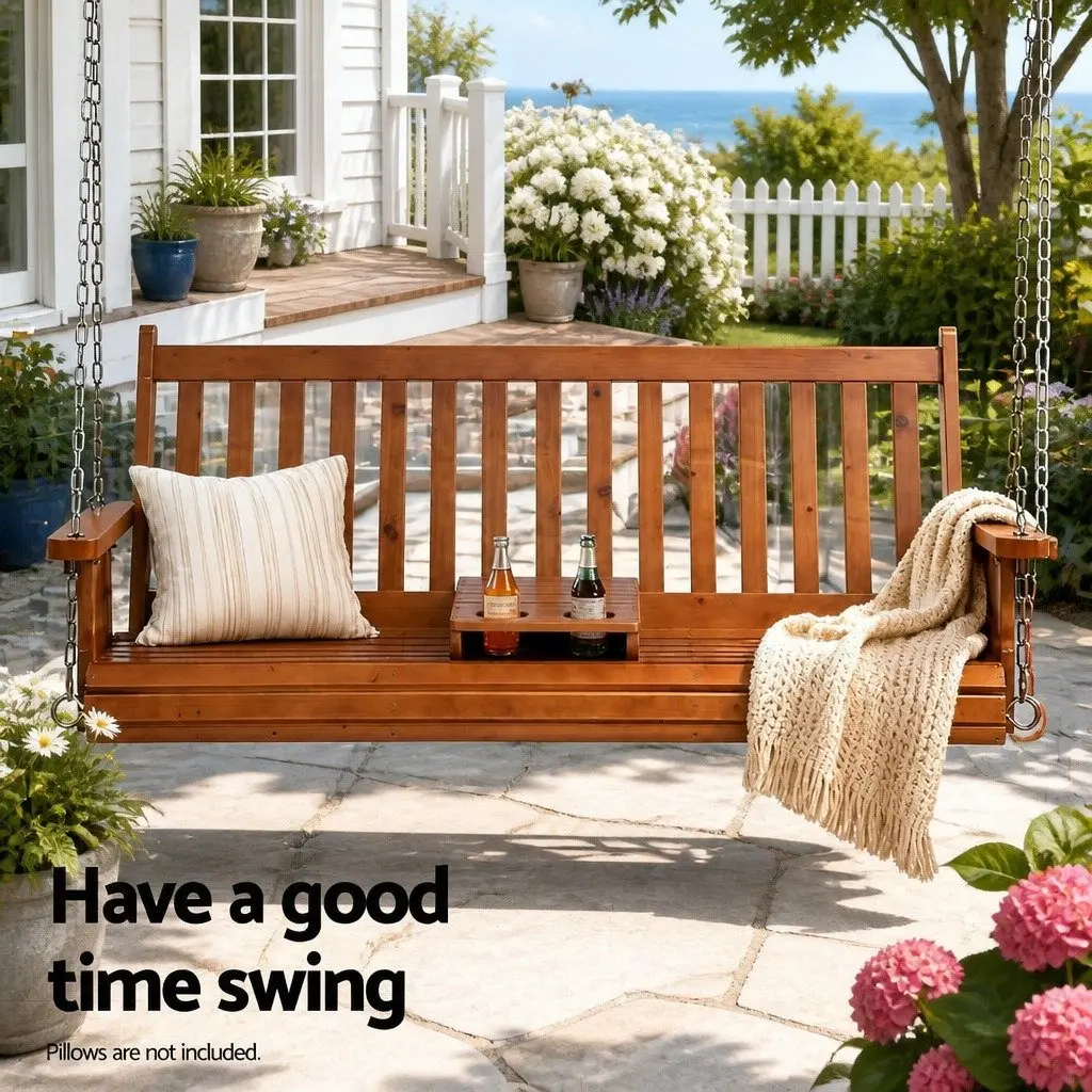 Outdoor Swing Chair Teak 2 Seat Cup Holder Heavy-Duty Metal Chains