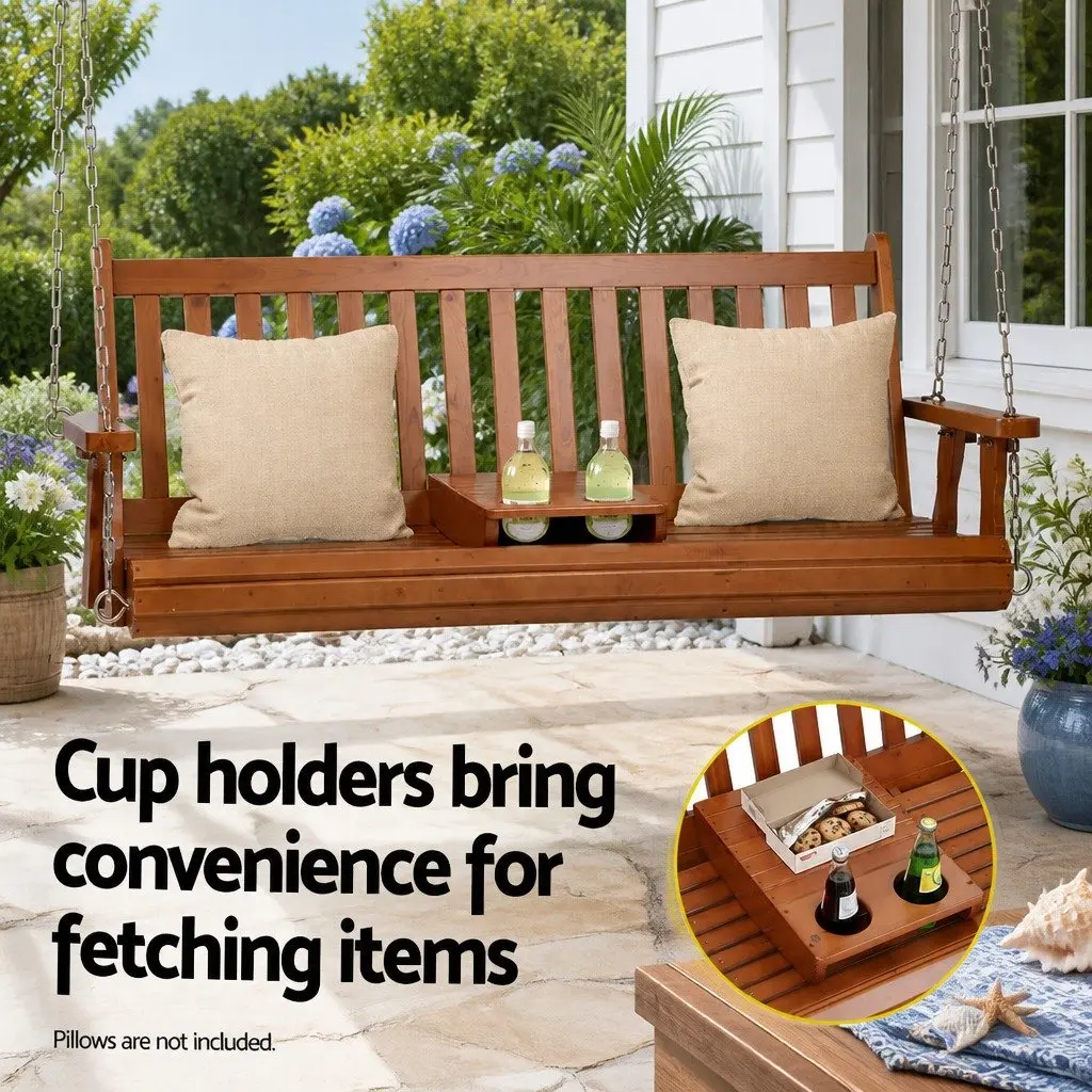 Outdoor Swing Chair Teak 2 Seat Cup Holder Heavy-Duty Metal Chains
