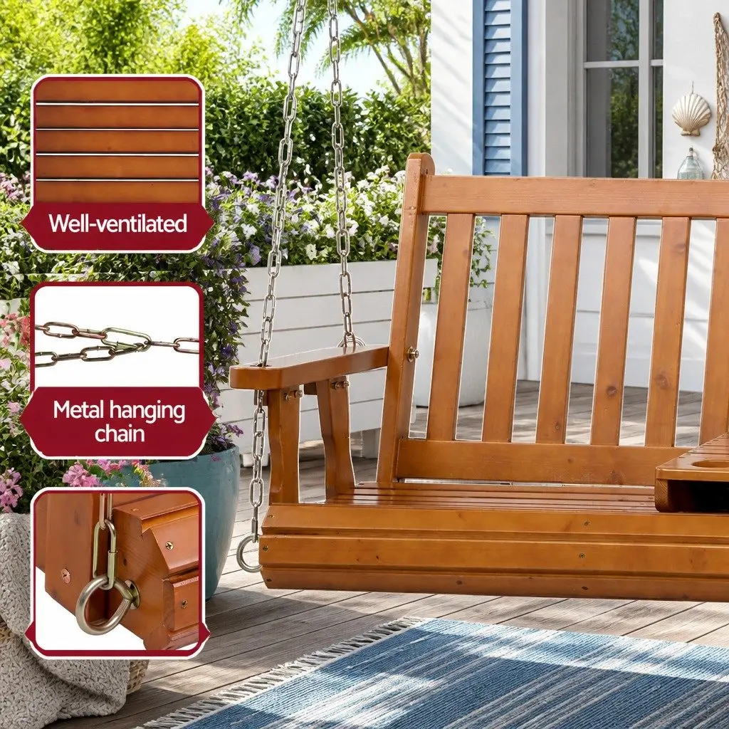 Outdoor Swing Chair Teak 2 Seat Cup Holder Heavy-Duty Metal Chains