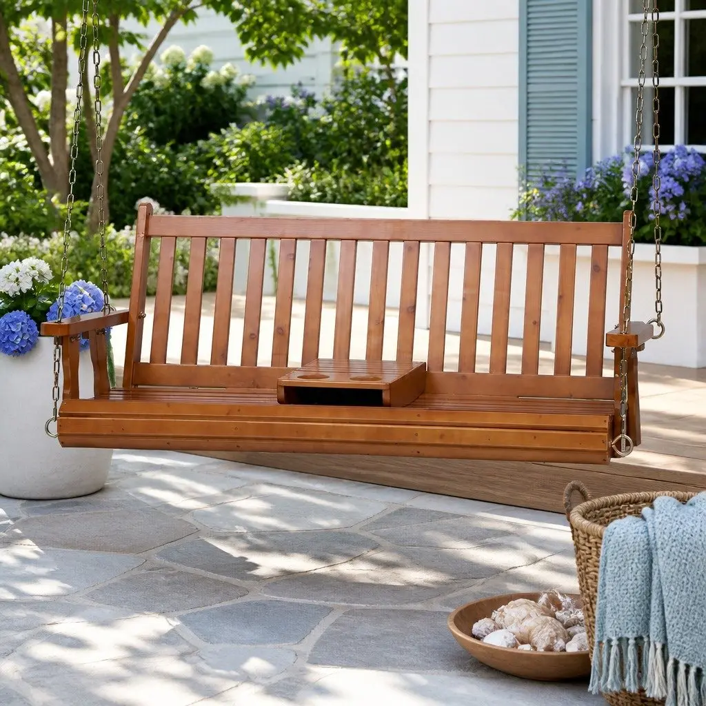 Outdoor Swing Chair Teak 2 Seat Cup Holder Heavy-Duty Metal Chains