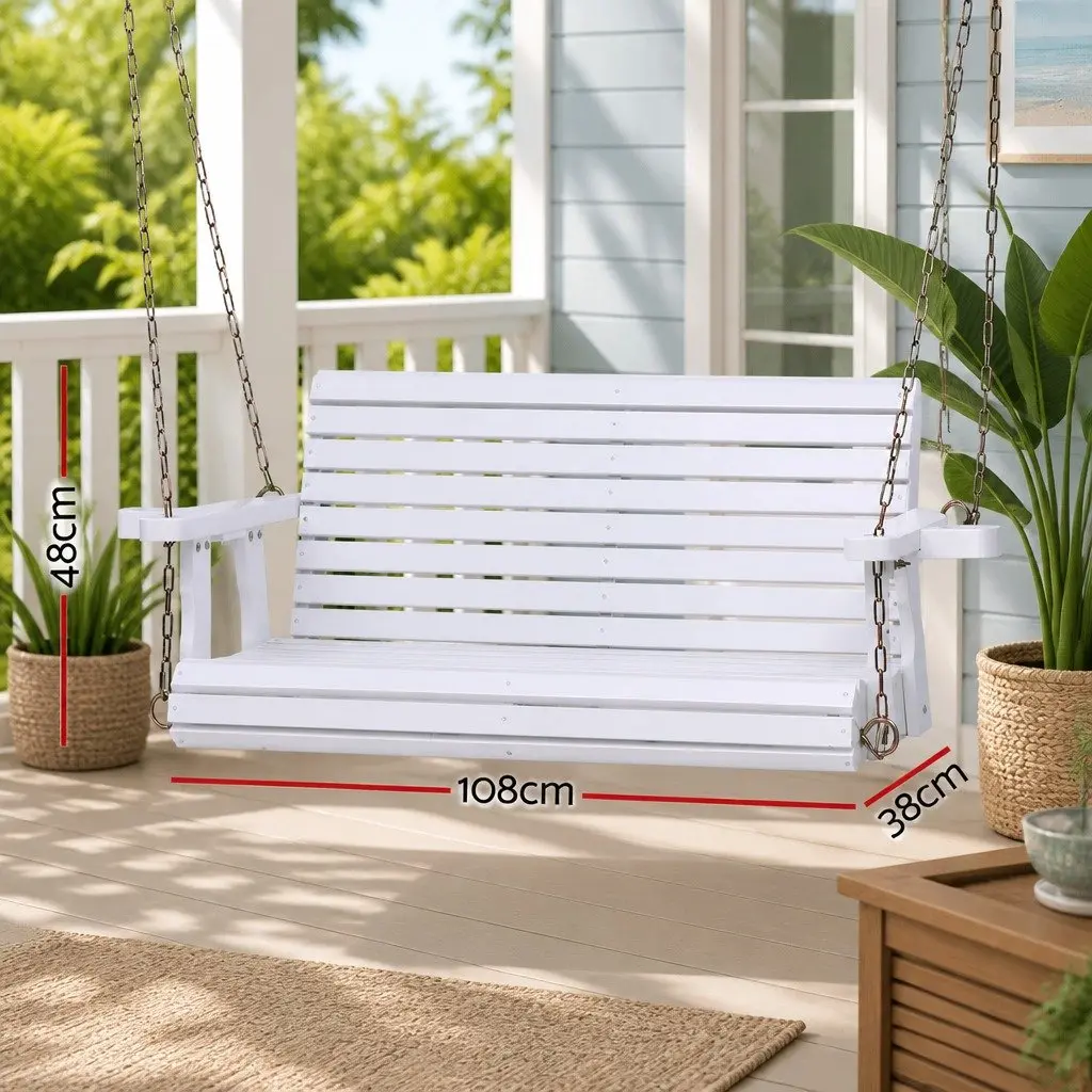 Outdoor Swing Chair White 2 Seater Wooden Frame with Cup Holder