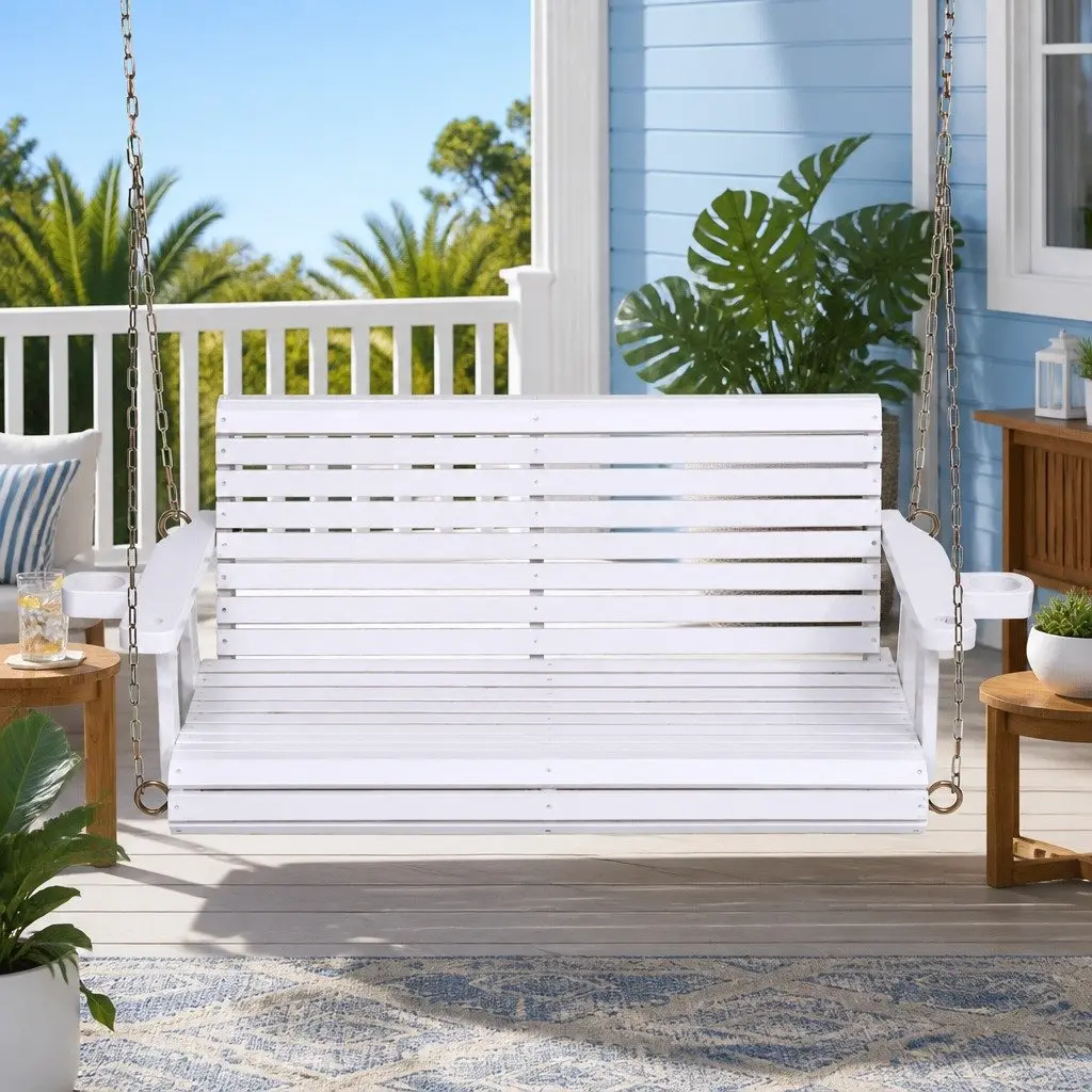 Outdoor Swing Chair White 2 Seater Wooden Frame with Cup Holder