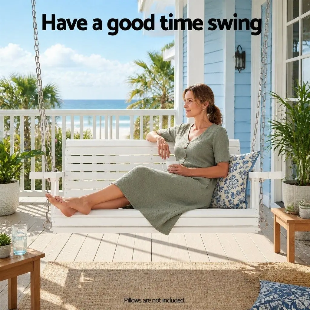 Outdoor Swing Chair White 2 Seater Wooden Frame with Cup Holder